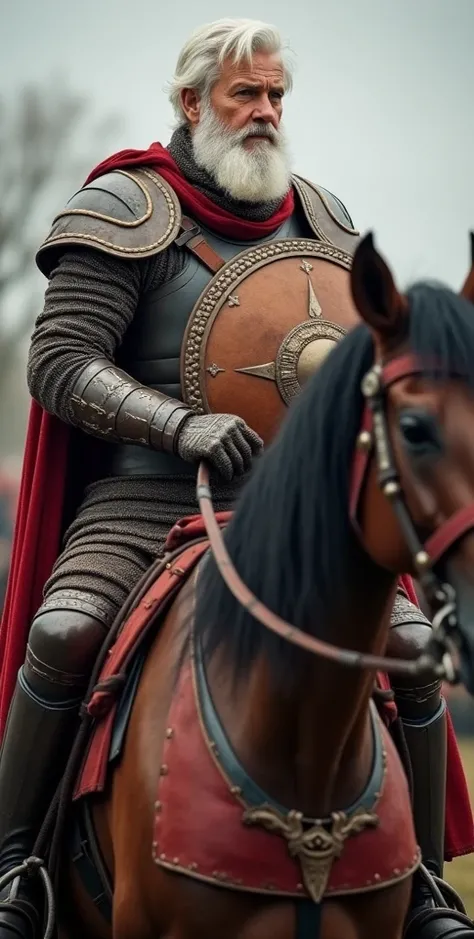  40-year-old male,  white hair, trimmed beard, with round shield and armor with colors between brown and dark red, He wears a short sword , riding on a horse that wears an ornate frame and two round shields on the sides of the horse