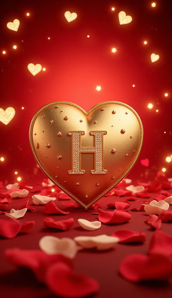 And the background of the image is red .  It is composed of hearts, rose petals and bright lights.. In the center there is a heart with the letter H in gold with diamonds . high resolution , 