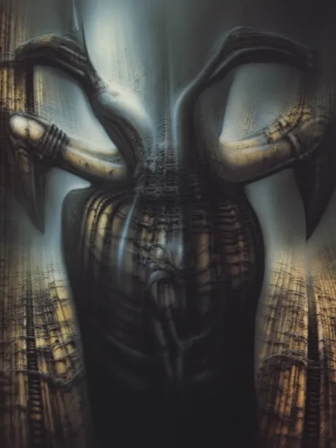 Please reproduce the original image as accurately as possible, capturing the intricate details of the biomechanical structures, the dramatic lighting, and the overall sense of unease. Find and enhance depiction of Giger's demons and creatures.(best quality...