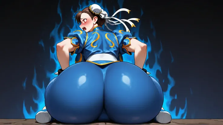 1 , Alone,  high resolution , Blush, Chun Li in Blue Clothes ,  with dark background,  haze,  big breasts,  rear view,  side view,  big ass, Sitting Open Mouth, fear , scared, Firepower in the Hands Aura in the body..