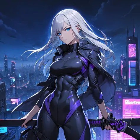 A tall and athletic anime-style woman with long, wavy silver hair and piercing blue eyes, standing on a rooftop at night. She wears a sleek, black tactical bodysuit that accentuates her toned muscles, with a long flowing coat billowing in the wind. Her fac...