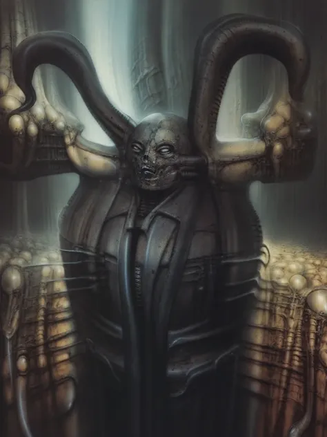 Please reproduce the original image as accurately as possible, capturing the intricate details of the biomechanical structures, the dramatic lighting, and the overall sense of unease. Find and enhance depiction of Giger's demons and creatures.(best quality...