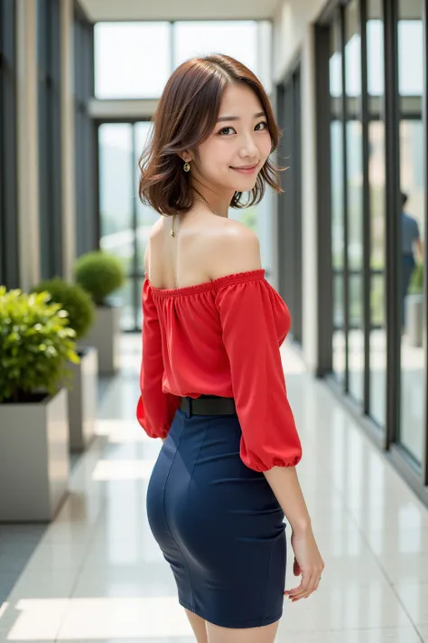 Front view angle of Japanese woman in her 20s, natural brown hair color, short, shaggy, bright red off-the-shoulder blouse, dark blue tight skirt, black belt

 She is walking through the high-ceilinged entrance of her office,
 She turns around and smiles.
...