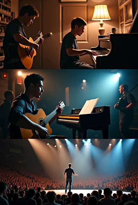 Cut in a montage:  "Create a time-lapse-style image showing a musician's journey over several years, leading up to their big break. The image should depict multiple versions of the same person at different stages of practice:

1. A young beginner strugglin...