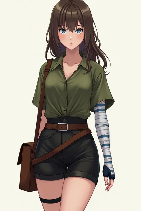 She was in black high-waisted shorts that ended at her mid-waist. A tucked in olive green shirt continued from there and loosely flowed down her arms but tightened into a sleeve at the middle of her forearms, her small feminine hands that were now covered ...