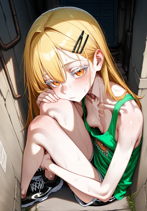 sfw, absurdres,orange eyes,white eyelashes,blonde hair,long hair,hairclip, small breast,[emaciated:1.3],hungry, cheap_casual_wear, downblouse, looking at viewer, hugging own legs, sweat, leaning on wall, sit on back alley, perspective, seductive,