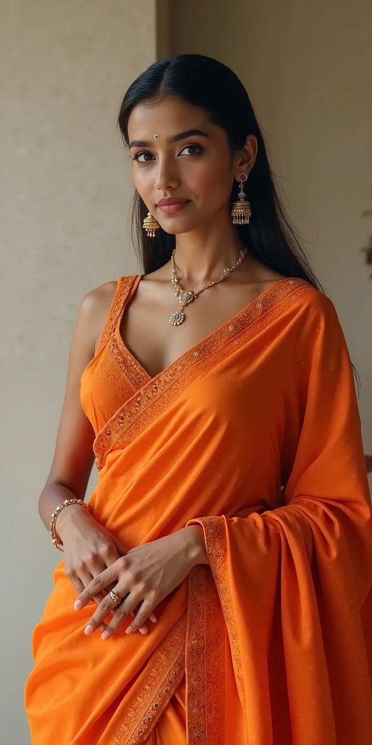 Beautiful young Indian girl , big breasts deep cleavage, in stunning  orange saree beautiful poses 8k hyperrealstic full detailed 