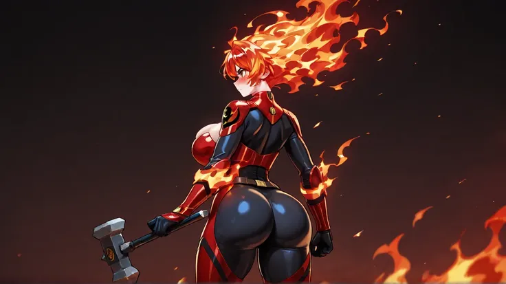 1 , Alone,  high resolution , Blush, "Fiery Defense Girl" With Fire Clothes,  with dark background,  haze,  big breasts,  rear view,  side view,  big ass, standing, she is serious, dark look, Firepower in the Hands Red Fire Aura in the body..She Has A Forg...