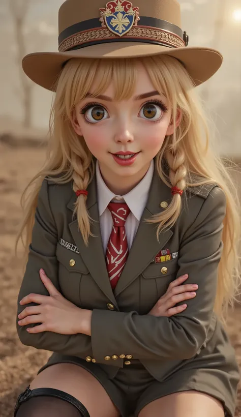 realistic photo, (masterpiece, best quality:1.2), cowboy shot, solo, 1girl, alicia melchiott, smile, looking at viewer, crossed arms, twintails, headdress, military uniform, necktie, thighhighs
