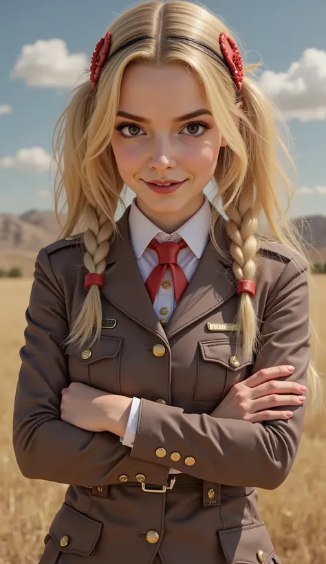 realistic photo, (masterpiece, best quality:1.2), cowboy shot, solo, 1girl, alicia melchiott, smile, looking at viewer, crossed arms, twintails, headdress, military uniform, necktie, thighhighs