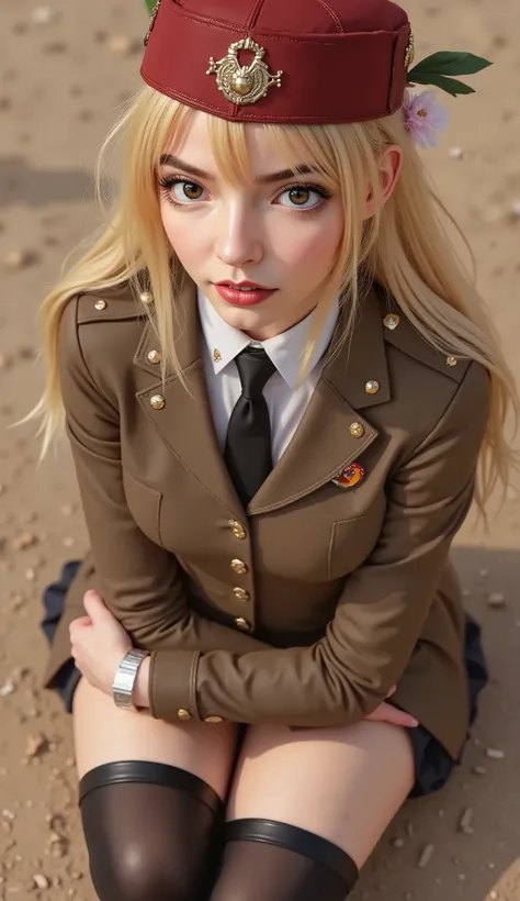 realistic photo, (masterpiece, best quality:1.2), cowboy shot, solo, 1girl, alicia melchiott, smile, looking at viewer, crossed arms, twintails, headdress, military uniform, necktie, thighhighs