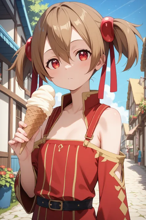 masterpiece,best quality,silica,{{{megami magazine}}},short hair,brown hair,short twintails,hair ribbon,red ribbon,hair between eyes,red eyes,flat breasts,Around town、 eat ice cream