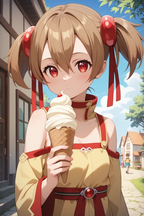 masterpiece,best quality,silica,{{{megami magazine}}},short hair,brown hair,short twintails,hair ribbon,red ribbon,hair between eyes,red eyes,flat breasts,Around town、 eat ice cream