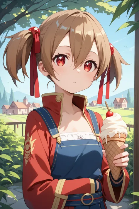 masterpiece,best quality,silica,{{{megami magazine}}},short hair,brown hair,short twintails,hair ribbon,red ribbon,hair between eyes,red eyes,flat breasts,Around town、 eat ice cream