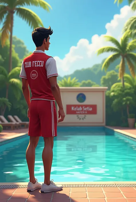 Create a picture of swimming pool and an young indian lifeguard facing his back with the club name - Kelab Setia