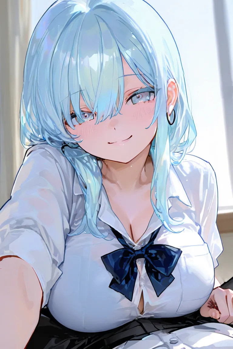   High quality ,  masterpiece,   748cm Style   ,    a girl,         High quality,     smile、,   young woman, beautiful ,    Light blue hair ,   light blue eyes ,  2 Hair Ties  ,、 very huge and big breasts、