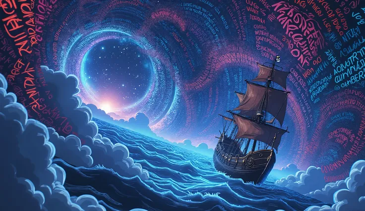 anime-style, highly detailed, a massive floating digital world where ancient and modern words collide, neon phrases in multiple languages swirling together, glowing binary code mixing with handwritten scripts, a pirate ship sailing through a sea of floatin...