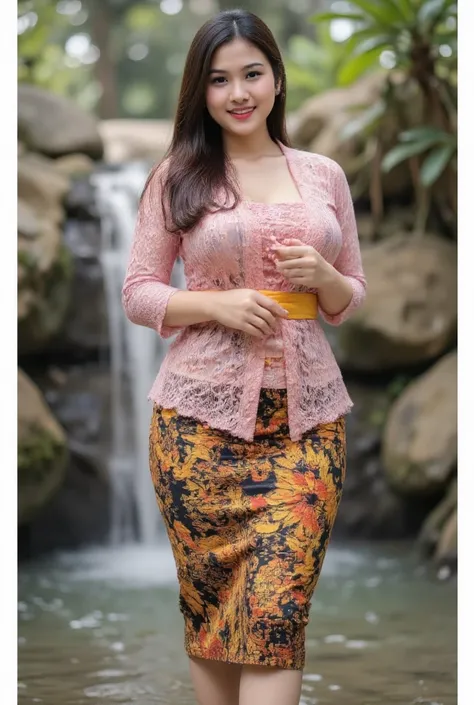  Realistic photo of an indonesian woman, slightly chubby and rather slightly plump looks up to the feet. using a wet thin kebaya and a wet batik skirt up to the thigh,  face facing the camera .  Elegant elegant style elegant aesthetic . Busty ass, booty, B...