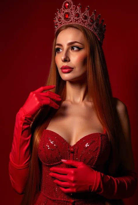 Young woman, long thick fiery red hair, 25 years old, European appearance. Posing confidently. The woman's facial expression is captivating, seductive, with a subtle smile and a slightly thoughtful look, exuding confidence and charm. Exquisite make-up, ful...