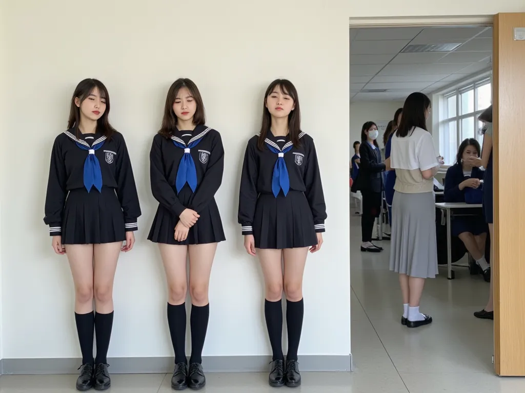 Two Japanese female students line up in a row by the hallway wall 、Arranged on the left side of the image 、 Three Japanese female students standing by the wall behind the classroom during class 、Height: 170 cm、 black long sleeve sailor suit、 tea hair、 long...