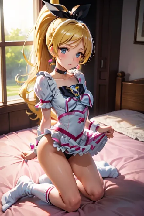 Cure the rhythm 、 Pretty Cure 、blonde、 long hair、C cup breasts、 photo from below 、(on the bed)、A girl、(( Black panties))、()、 ponytail 、 kneeling、( white thigh-length socks )、