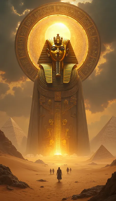 A highly detailed and artistic digital painting of an ancient Egyptian scene. A grand golden Pharaoh’s mask with intricate carvings and hieroglyphs dominates the center, glowing with divine light. Surrounding it is an elaborate circular structure with cele...