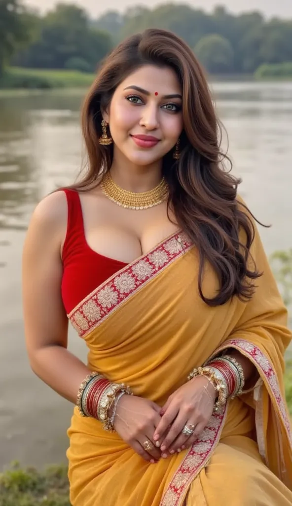 Hot Indian woman with longcut hair ,wearing standing woman,  Big cheeks & big breasts big waist wet clothes ,bold body women,(((desi girl))), chubby face, natural skin, wearing stunning bridal bra clothes  charming black & blonde hair, ((hair ends are brow...