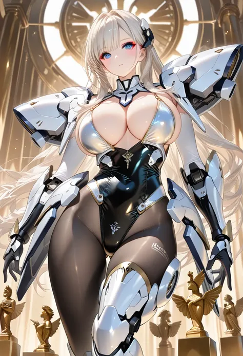 (( masterpiece)),(( High quality)),((8k)),((fantastic art)),( alone),1 , perfect face,fantasy world,((White Paladin Mecha Armor)),(( smooth platinum blonde hair )), (( black leotard glued to the body )),(( gold sculpture swimsuit )),(( big breasts)),(( ult...