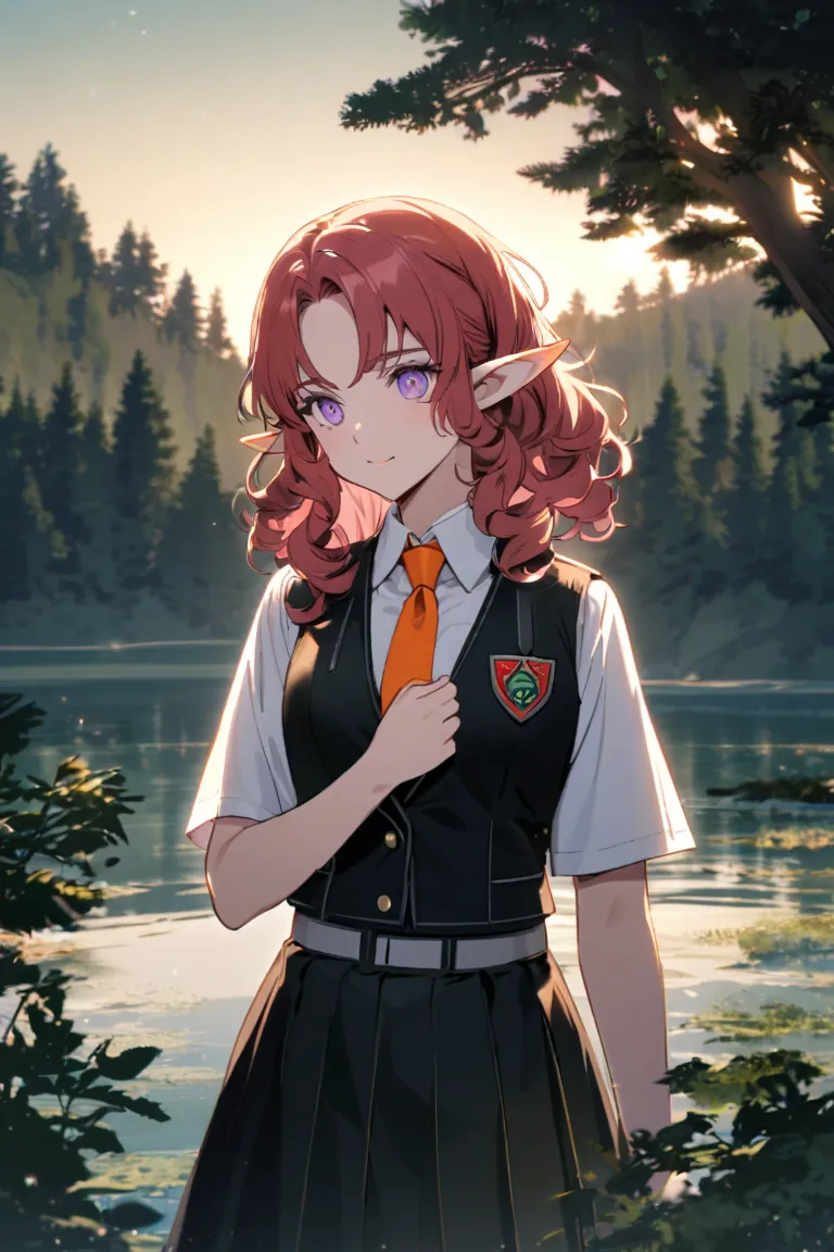 An elf girl with short light red curly hair, light purple eyes and a black mask ,   wearing magic school uniform white shirt orange tie and black skirt black vest. Lake and forest night background 