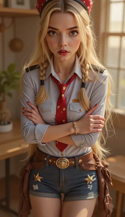 realistic photo, (masterpiece, best quality:1.2), cowboy shot, solo, 1girl, alicia melchiott, smile, looking at viewer, crossed arms, twintails, headdress, military uniform, necktie, thighhighs