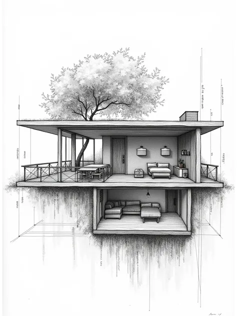 A highly detailed architectural hand-drawn sketch of a modern wooden mini house in sectional perspective. The drawing includes intricate construction details, handwritten technical annotations in Spanish, and precise measurements of structural elements lik...