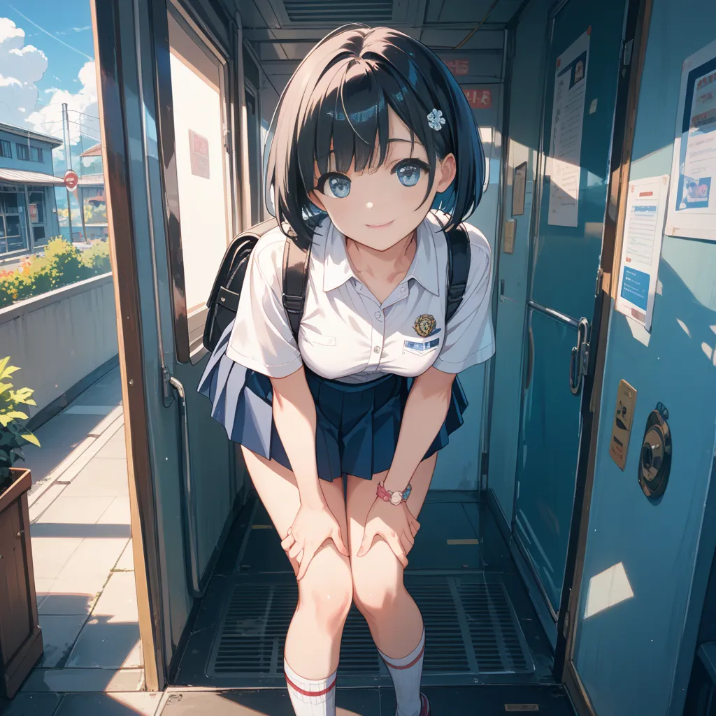 jet black hair color, bob cut hairstyle,blue eyes, Pleated miniskirt,cute girl the secondary school anime style,A shy smile on your face,super fine illustration,solo,wearing ankle-length socks,She is wearing cute underwear with a floral pattern. He stands ...