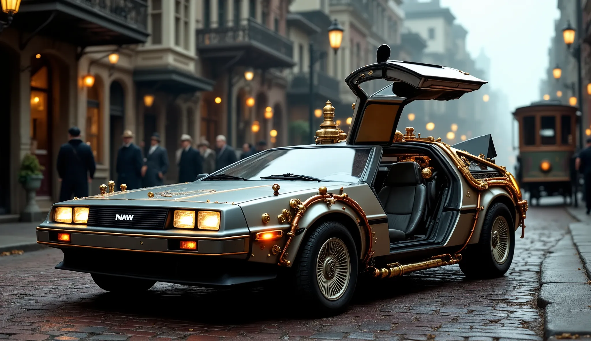 Delorean from Back to the Future built in steampunk style, parked on a street in 1860