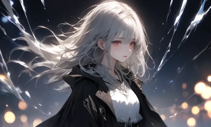 A young woman stands alone, holding a cold air with a pensive expression, feeling both anxiety and strength. An atmosphere of quiet reflection and hope hangs over her. There is a strong will on her face. There is soft and delicate shading, giving a sense o...