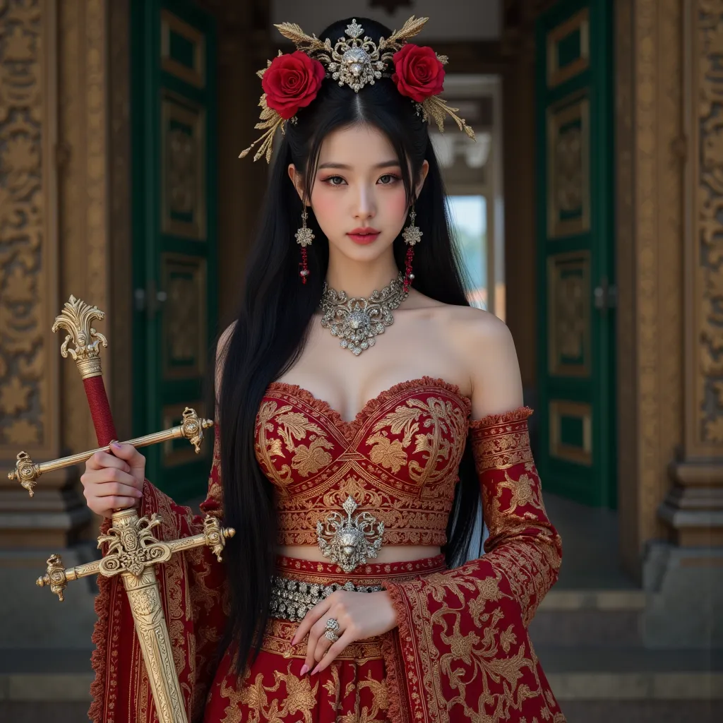 1 girl,korea face sexy girl ,ancient Khmer temple, (large cleavage,Big tits), pale skin, innocent look,NFSW,,photo-realistic, ultra-realistic, very beautiful Japanese, famous Japanese idol, 20 years old, Holding an ancient sword with a beautiful, ornate pa...