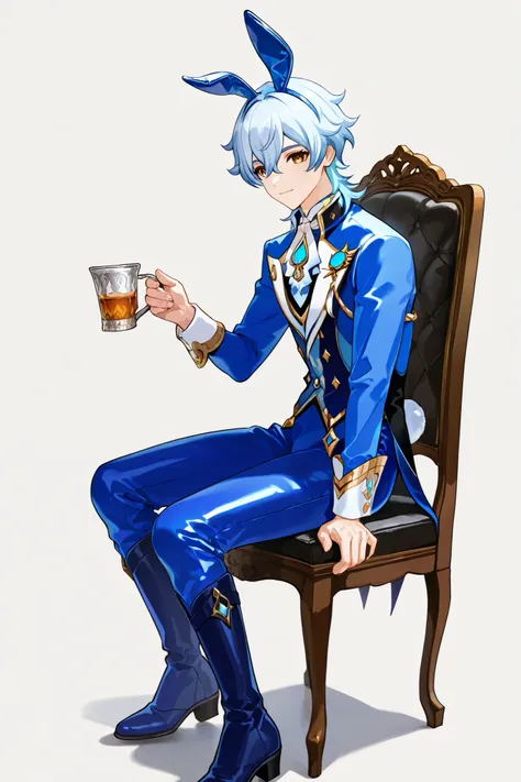 anime, boy,18 years old, Light blue hair characterized by SHAVED SIDES and an elongated back part white hair, Of cups, Dukes, blue details, luxury clothing,  back of elongated hair, Whale tattoo,  inspired by Genshin Impact, Show the pretty face, bunny sui...