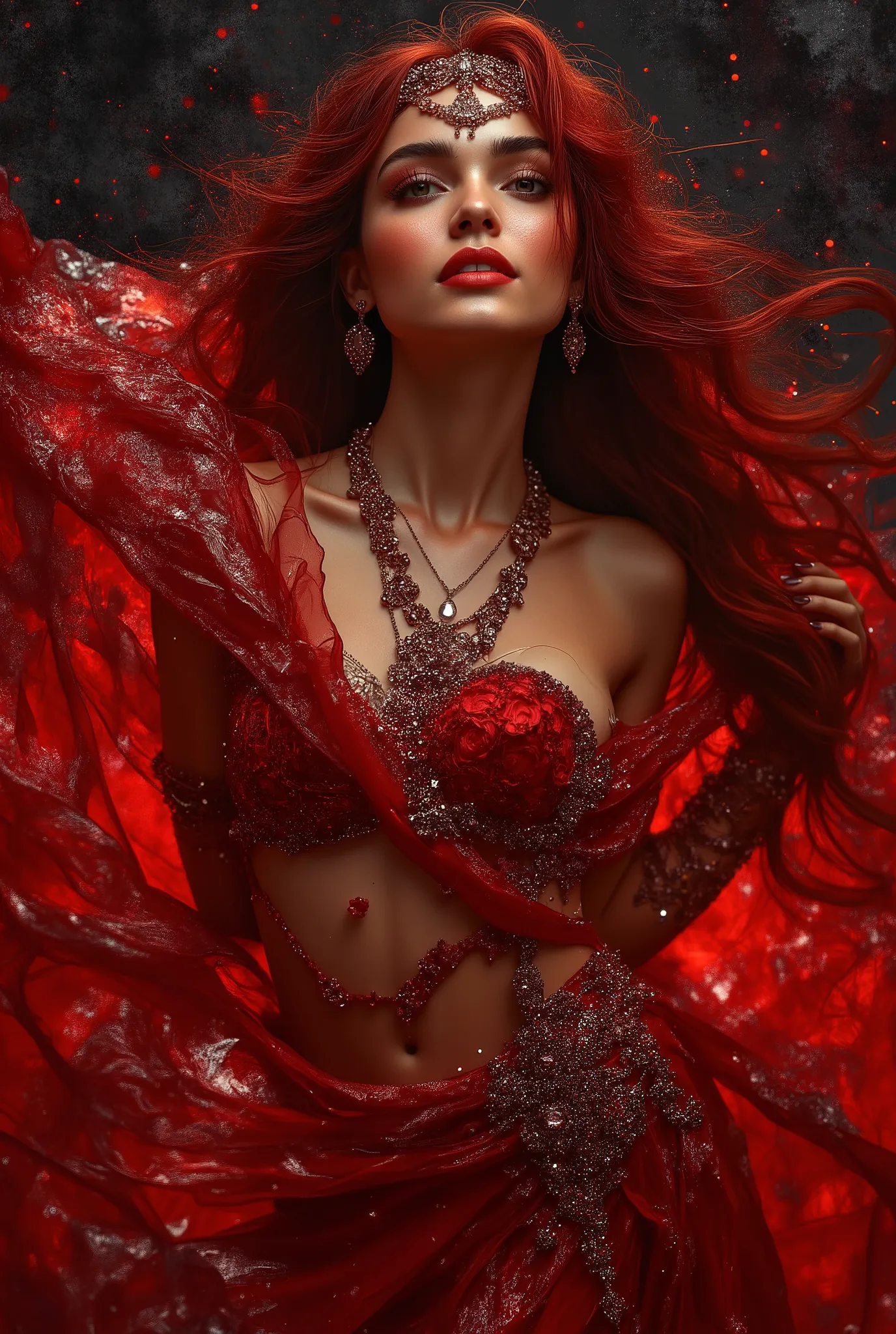  Mosaic painting red  to black color gradient background,  impressionistic strokes of portraying a exotic actress Paige Turnah, dark red hair, as a Arabic exotic model , belly dancer, as a gorgeous woman Smiling , in desert Dubai , in red thin dress, backg...