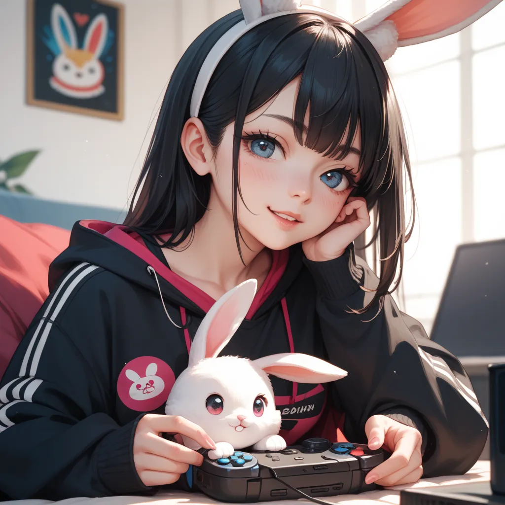 gamer girl wear black outfit and white bunny head and she has long black hair she play a nintendo and cute like a japanese girl and she is perfect body