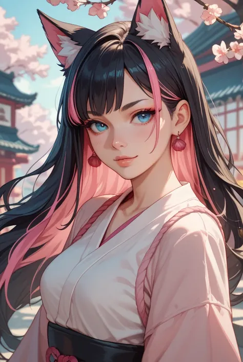 Create a Kitsune girl with long black hair with pink highlights and blue eyes