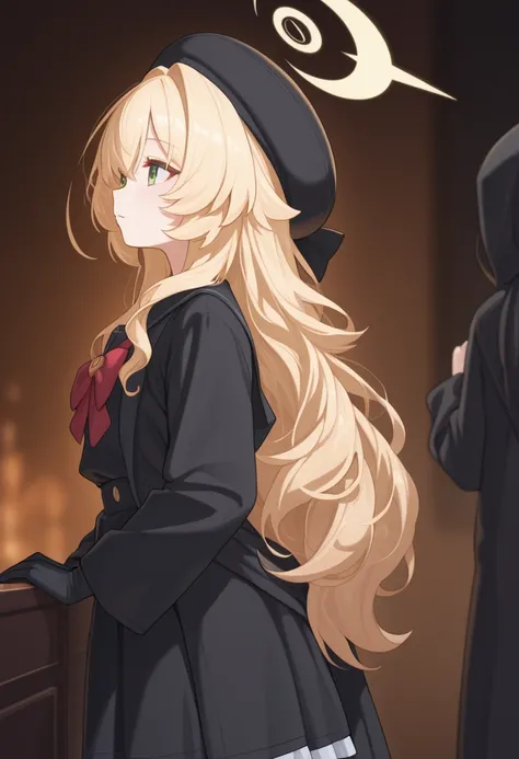  masterpiece, best quality, great quality,  long hair,  blonde hair,  green eyes ,  above Decorati has ,  gloves, black  gloves,  halo, Black Hood, bow,  skirt,  Long Sleeve, Sailor,  color, beret, Side View,   Background Blur 