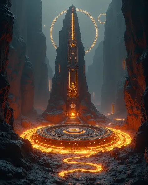 Interstellar dark tower, a temple of an ancient space civilization hidden among the rocks, surrounded by the fire circles