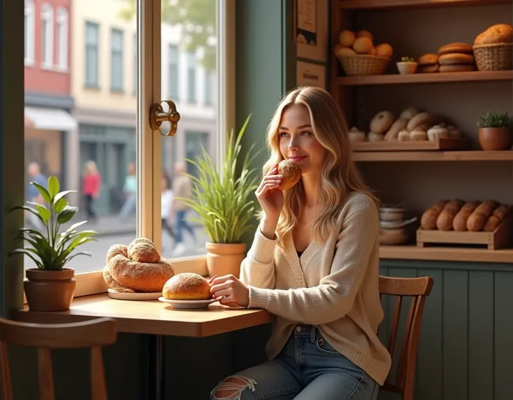 A blonde woman with long, wavy hair is sitting at a small wooden table in a cozy, rustic Danish bakery. She is wearing a casual, stylish outfit, perhaps a light sweater and jeans. Her hair is softly blowing, and she is smiling contentedly as she enjoys a t...