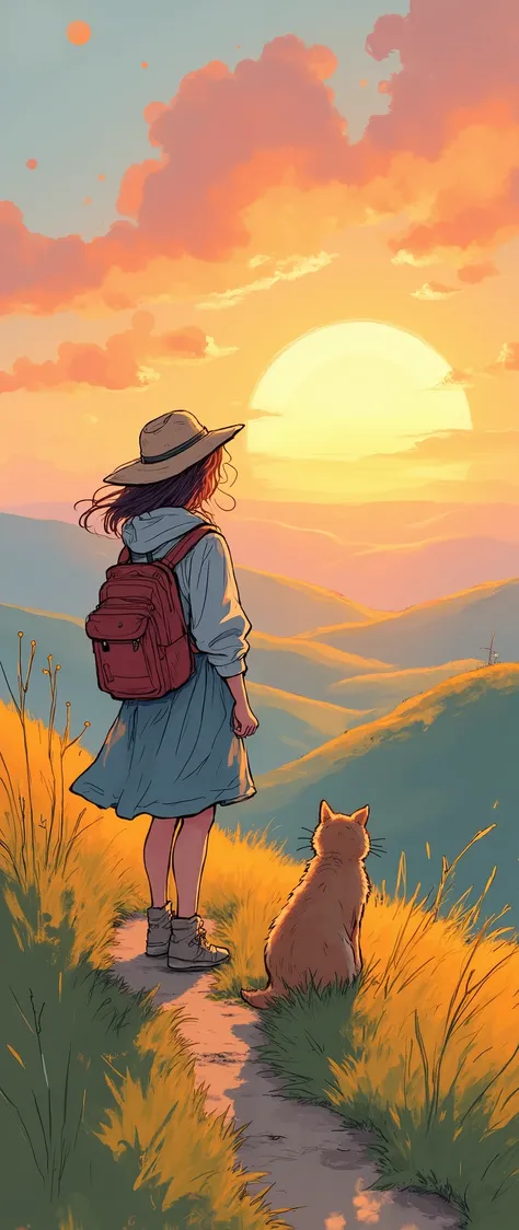(Masterpiece:1.2, High-quality ,Mirror Finish , Movie experience , best illustrations :2.0, highly detailed ),8k, wallpaper,( My trip with my cat),(woman:2.0),(womanと猫が旅をしている:2.0),(Beautiful Hills:2.0),(Beautiful sun and rainbow :2.0),( laid-back),( cal...