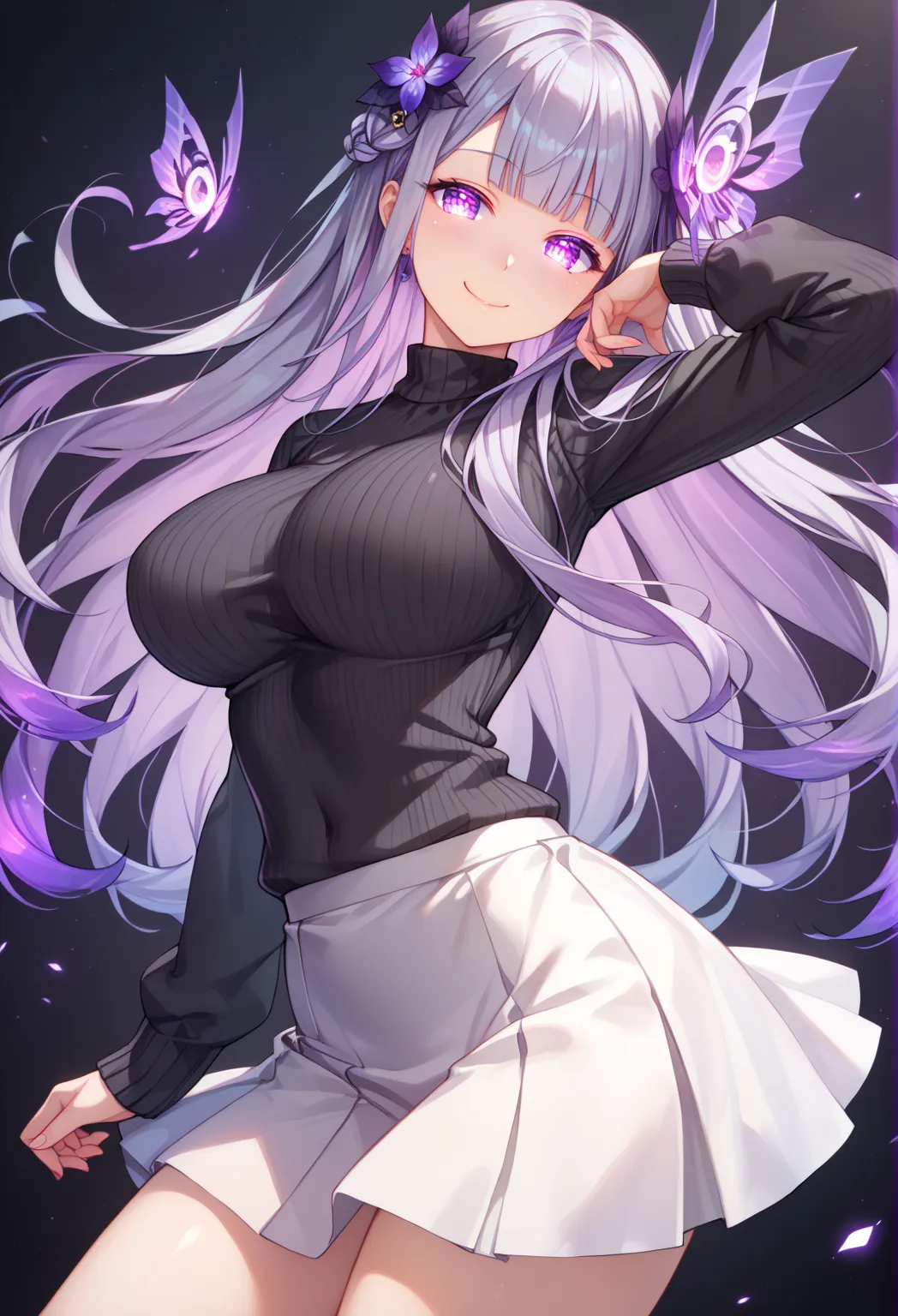 ((full pose:1.5)), ((black sweater:1.5)), ((white skirt:1.5)), blunt bangs, ((silver hair)), ((glowing purple hair tips:1.5)), (different colored eyes:1.5), long hair, hair ornament, sidelocks, ((warm smile:1.4)),
BREAK living room background, ((large brea...