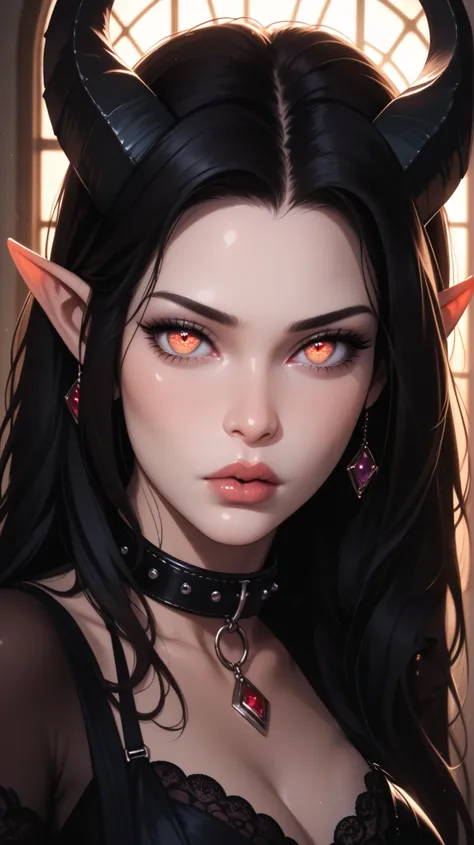 ( bedroom) tiefling, posing, looks towards , sadness, looks towards , realistic natural light , big , long black hair, beautiful detailed lips , long lashes , good anatomy, white skin, pale shiny sclera , seductive look, shiny accents , spider e...