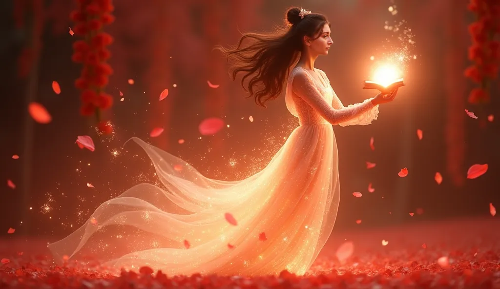 In a blurred red environment A beautiful and ethereal 20-year-old young lady composed of light and small luminescent balls swirling and dressed in red,  He begins to rise magically into the air as he delicately releases the magical book that radiates light...