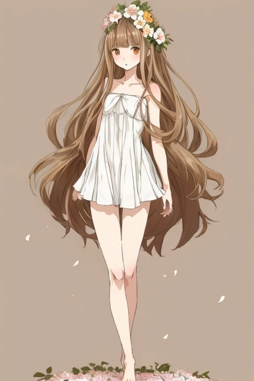 anime girl, Create a naked girl standing on flowers and 1.60 tall with light brown eyes, white skin with a slightly rounded face, with hair combed down with an almost brown color. anime style
