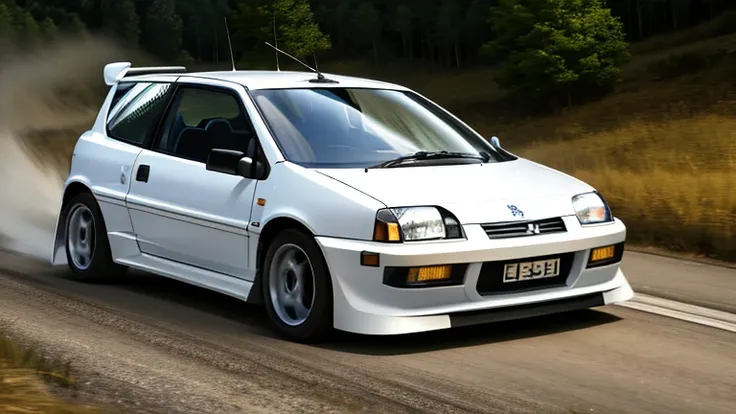 One Peugeot-106-rally painted in white running on a mountain pass, night time, photo-realism, hyper detail