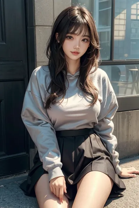   feminine  、black long tight skirt、  long hair、 Bangs up 、Clear blue  、（ Tile wall、 snap photo  ）、 Brown skin、  gal、黒  gal、 dark makeup、1 Lady Solo, / hoodie big boobs /(  dark brown hair/) ,     with blushing cheeks and a light smile  , (    it's a maste...