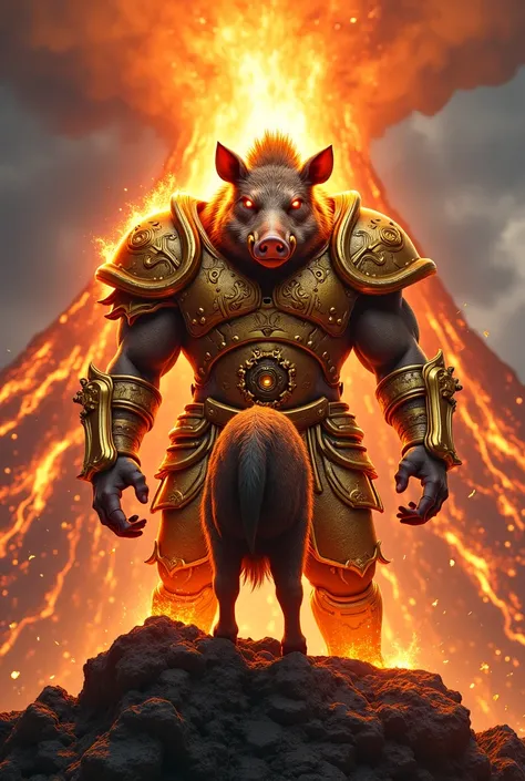 Germany	A boar warrior in golden armor, with fiery eyes, standing before a volcano, flames enveloping its body.